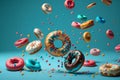 Flying donuts with sprinkles on blue background. Generative AI