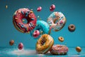 Flying donuts with sprinkles on blue background. Generative AI