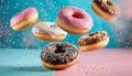 Flying doughnuts on blue and pink background