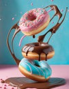 Flying doughnuts on blue and pink background