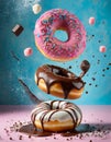 Flying doughnuts on blue and pink background