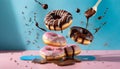 Flying doughnuts on blue and pink background