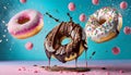 Flying doughnuts on blue and pink background