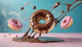 Flying doughnuts on blue and pink background