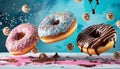 Flying doughnuts on blue and pink background