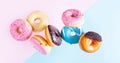 Flying doughnuts on blue