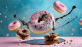 Flying doughnuts on blue and pink background