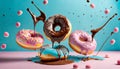 Flying doughnuts on blue and pink background Royalty Free Stock Photo