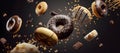 Flying doughnuts with chocolate glaze. Creative food trend. Levitating food. Donuts illustration on a dark background, traditional