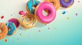 Flying doughnuts with multicolored glaze. Creative food trend. Levitating food in color of year. Donuts illustration with copy