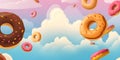 Flying doughnuts with multicolored glaze. Creative food trend. Levitating food in color of year. Donuts illustration with copy