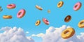 Flying doughnuts with multicolored glaze, food banner. Creative food trend. Levitating food in color of year. Donuts illustration