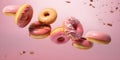 Flying doughnuts with pink glaze. Creative food trend. Levitating food in color of year. Donuts illustration with copy space on a