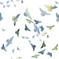 Flying dove color raster watercolor seamless pattern