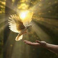 Flying dove reaching up with someones hand, Dove of Peace. Generative AI