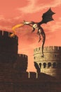 Flying dragon attacking castle