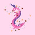 Flying dragon with New Year garland. Traditional Chinese dragon for card . Vector illustration