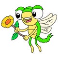 Flying dragonflies carry flying sunflowers for dates, doodle icon image kawaii