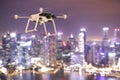 Flying drone in city