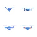 Flying drone icons set cartoon vector. Drone quadrocopter with camera