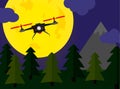 Flying drone night forest scene with fullmoon