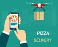 Flying drone quadcopter with a pizza. Order and delivery of pizza. Royalty Free Stock Photo