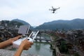 Flying drone taking photo of the ancient city