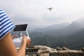 Flying drone taking photo of the great wall landscape