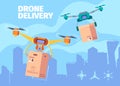 Flying drones. Aircraft helicopter remote control systems in sky above city smart technologies for delivery service