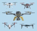 Flying drones collection. Vector illustration.