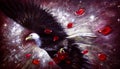 A flying Eagle holds roses in its paws. Oil painting.