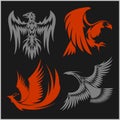 Flying eagle, peacock and pheasant vector logo icons showing different wing positions in black silhouette for heraldic