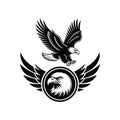 Flying Eagle and Winged Emblem â Black and White Vector Illustration Royalty Free Stock Photo