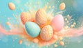 Pastel Easter egg explosion with many colorful splashes. Color of the year 2024