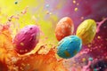 Flying Easter eggs in a colorful explosion