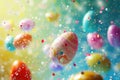 Flying Easter eggs in a colorful explosion.