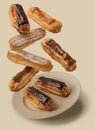 Flying eclairs with different icing and filling
