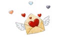 Flying envelope with love and colorful hearts. Romantic design elements for Valentines day. Vector illustration.