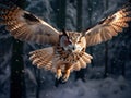 Flying Eurasian Eagle owl with open wings with snow flake in snowy forest during cold winter. Action wildlife scene from nature.