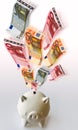 Flying Euro banknotes with white piggy bank