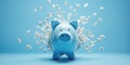 Flying exploding piggy bank on a blue background , concept of Cartoonish