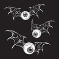 Flying eyeballs with creepy demon wings hand drawn black and white halloween theme print design isolated vector illustration