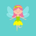 Flying fairies. Fairy little princess with wings. Yellow flower dress. Cute cartoon kawaii funny magic character. Paper doll. Hair Royalty Free Stock Photo