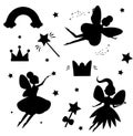 Flying fairies silhouettes isolated on white background. Magical features of fairy world. Isolated elements for stickers, scrapboo