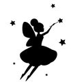 Flying fairy flapping magic wand. Black silhouette isolated on white background