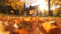 Flying fall leaves on autumn forest background and house, golden hour, copy space Royalty Free Stock Photo