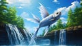 A flying fish jumping up the waterfall against the background of a cascade of water