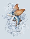 Flying fish on peonies background. Digital art painting in watercolor style