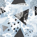 Flying fish silhouette, wave splashes, marble triangles seamless pattern