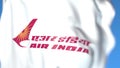 Flying flag with Air India logo, close-up. Editorial 3D rendering